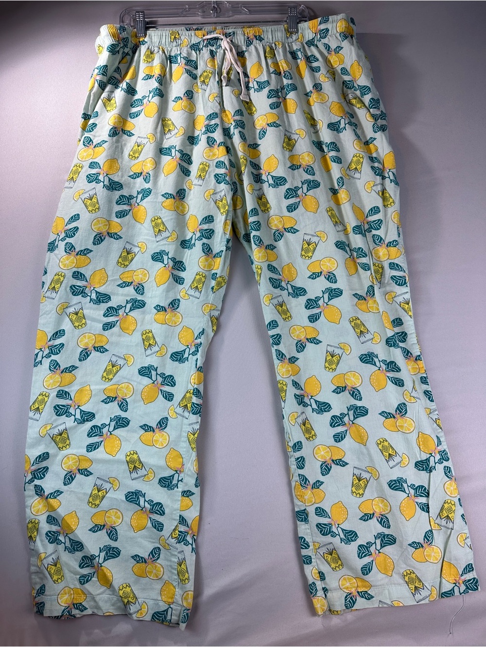Old Navy Lemon-Print Pajama Pants Bottoms XXL Yellow Teal Drawstring